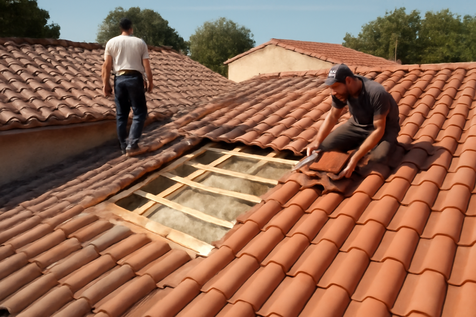 Toiture en tuiles en cours de rénovation avec isolation visible